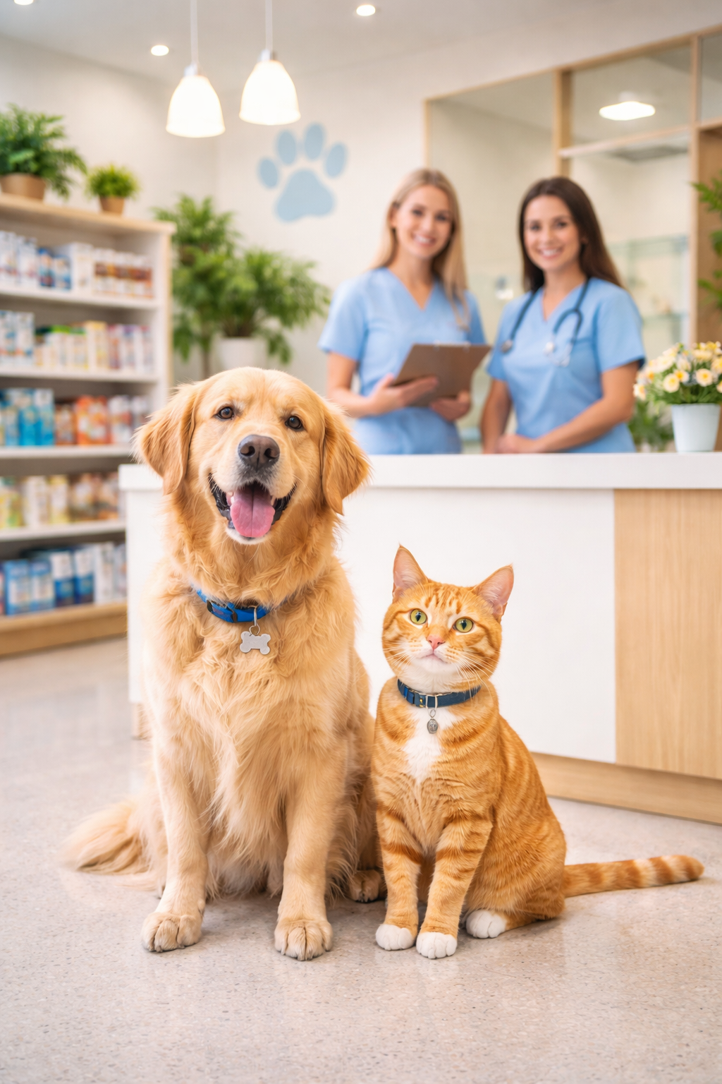 Veterinary clinic reception with dog and cat